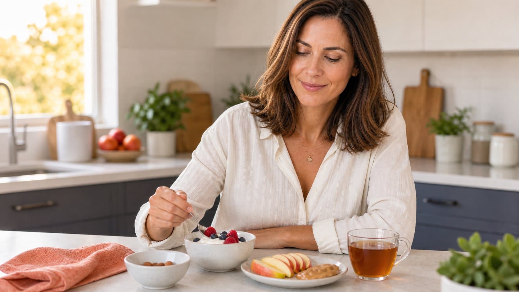 Sophia Bennett choosing a protein snack with fruit and tea in a bright kitchen