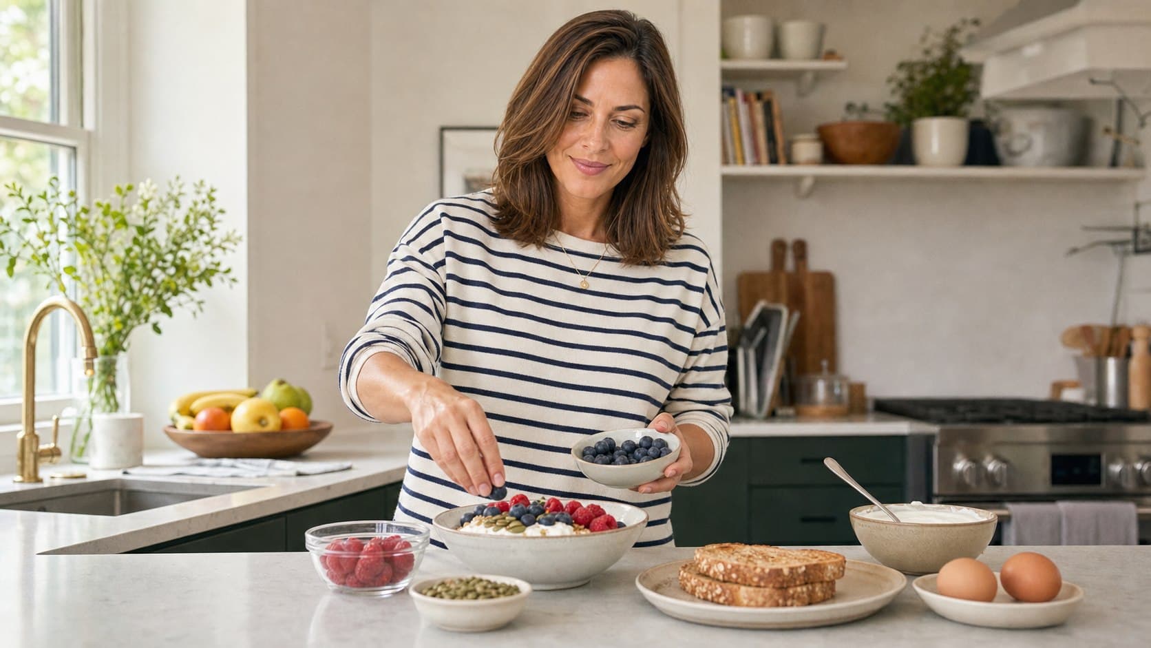 Sophia Bennett plating a Greek yogurt bowl with berries and seeds, wearing a striped breton shirt