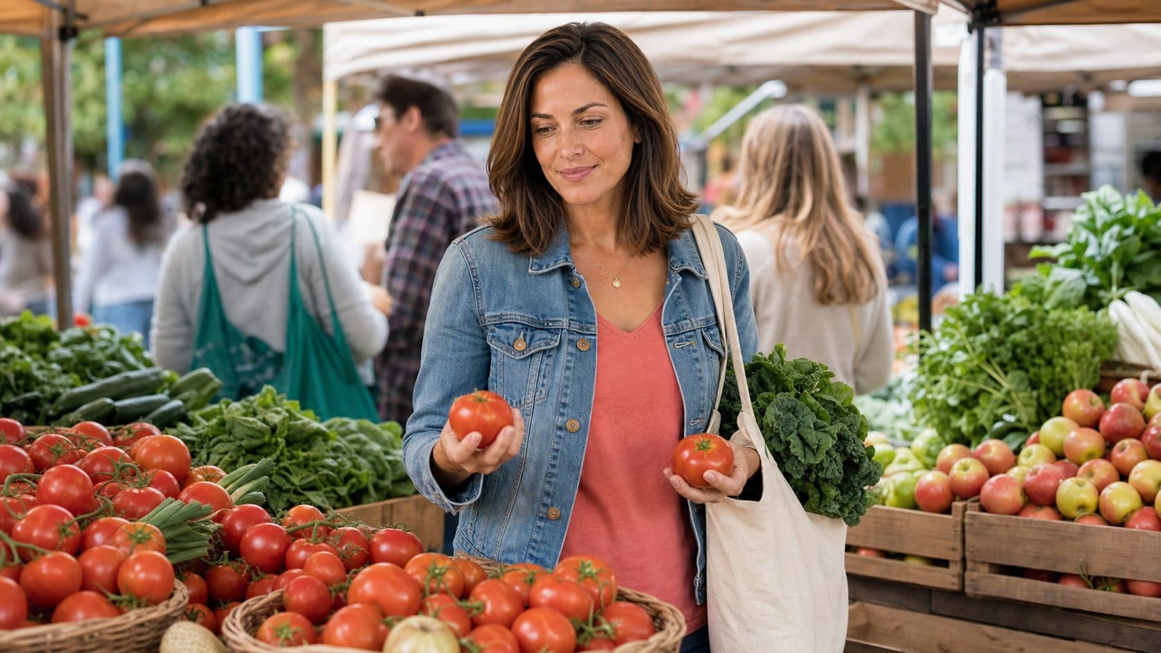 Sophia Bennett choosing fresh produce at a farmers market stall, wearing a light denim jacket